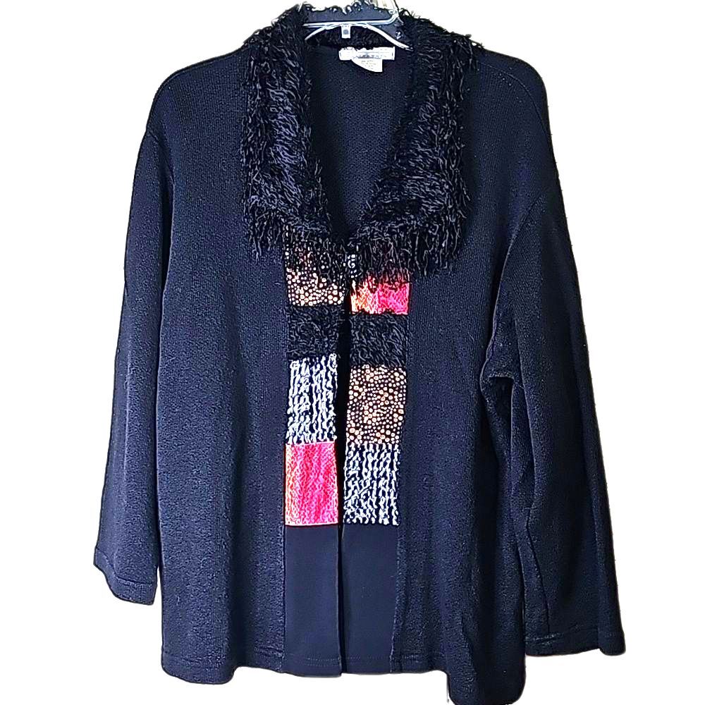 Cardigan Boho Fringe Collar Black with Multicolor Front Patchwork Size Medium